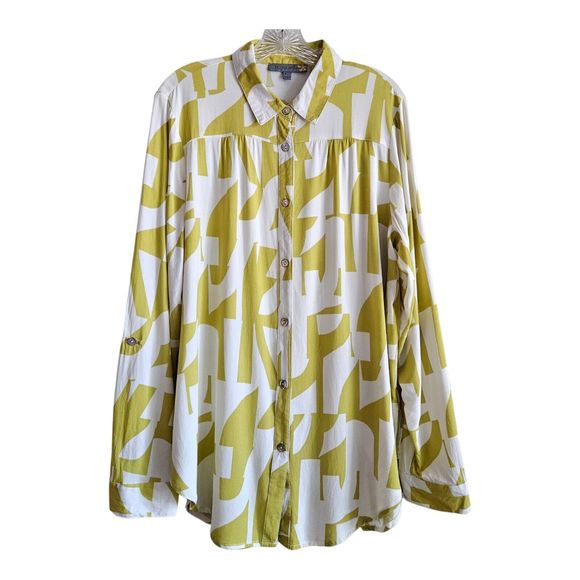 FIGUEROA & FLOWER Women XL Tunic Shirt Button Up Chartreuse White Long Sleeve - Picture 1 of 8
